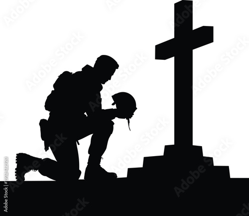 Silhouette illustration of soldier kneeling at memorial cross holding helmet, symbolizing fallen comrades, sacrifice, remembrance, respect, honor, and patriotic military tribute