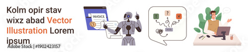 Artificial intelligence, automation, digital invoicing, decision-making, productivity, remote work. Robot holding invoice and decision diagram, person working at desk. AI automation and digital