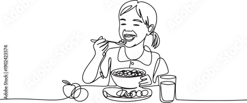 Continuous one line drawing girl eating healthy morning breakfast food. Happy child eat delicious food with milk at home. School girl enjoying dish. one line Icon drawing