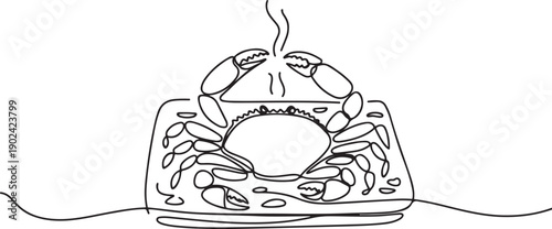 Continuous one line drawing two crabs on a square plate. Big size, satisfied when eating it. Spicy curry boiled crab. Very tasty. National Crab Meat Day. one line Icon drawing