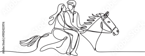 Single one line drawing romantic Arab couple in love riding horse. Young man and woman meet for dating with ride horse. Engagement and love relation. one line Icon drawing
