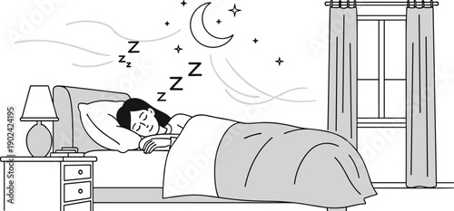 Sleep and rest illustration, peaceful bedroom night scene, person sleeping in bed, moon stars dream concept, wellness relaxation, healthy lifestyle design
