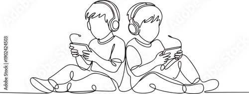 Continuous one line drawing two brothers wearing headphones and each holding his own. Enjoying first electronic gift. Entertainment media. Day of Brother. one line Icon drawing
