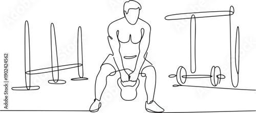 Single continuous line drawing of young sportive man training with kettlebell in sport gymnasium club center. Fitness stretching concept. one line Icon drawing
