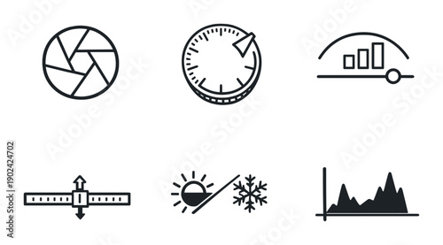 Set of six dark gray photography icons with adjustment symbols on black background