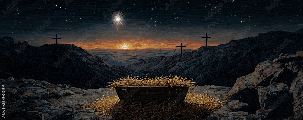 Fototapeta premium Empty manger with straw on a rocky hillside under the Star of Bethlehem and distant crosses, concept for Nativity illustrations, spiritual events and religious holiday advertising