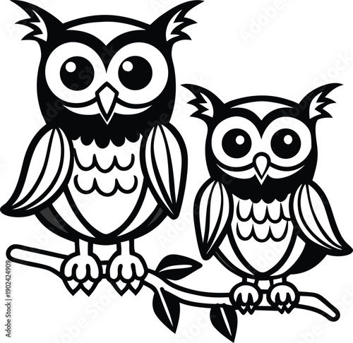 Two cartoon owls depicted in a black and white line art style. One owl is perched on a branch, positioned in the upper left of the image, facing the viewer with open wings. Its feathers are illustrate