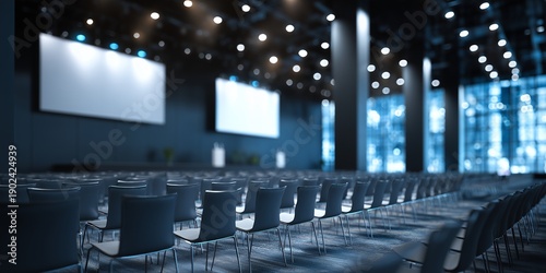 Empty modern conference hall setting with dark chairs and large blank projection screens on stage, concept for corporate seminars, business presentations and annual general meetings