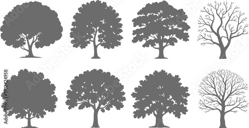 A collection of six black silhouette trees with varying crown shapes and sizes is displayed high-quality professional detailed modern elegant