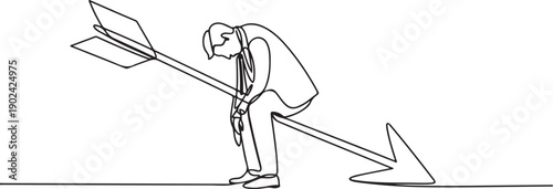 Single one line drawing of sluggish businessman sits downcast on a swooping arrow stuck in the ground. Losses from the stock exchange. Heavy inflation. one line Icon drawing