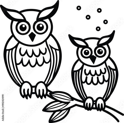 Two cartoon owls depicted in a black and white line art style. One owl is perched on a branch, positioned in the upper left of the image, facing the viewer with open wings. Its feathers are illustrate