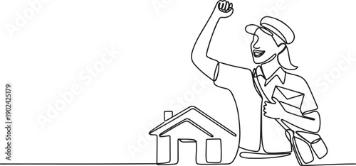 Single continuous line drawing postwoman with celebrate gesture, wearing uniform and sling bag holds envelope to delivered to home address. one line Icon drawing