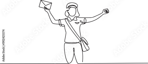 Single continuous line drawing postwoman with celebrate gesture, wearing uniform and sling bag holds envelope to delivered to home address. one line Icon drawing