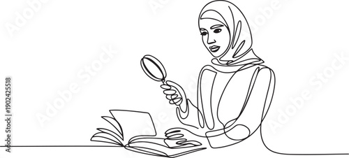 Continuous one line drawing Arab businesswoman stood holding the magnifier and checked big open book. Looking for valid information and data so that the business grows. one line Icon drawing