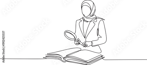 Continuous one line drawing Arab businesswoman stood holding the magnifier and checked big open book. Looking for valid information and data so that the business grows. one line Icon drawing