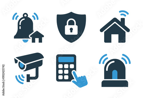 Home alarm protection icons, security system symbol, house safety alert