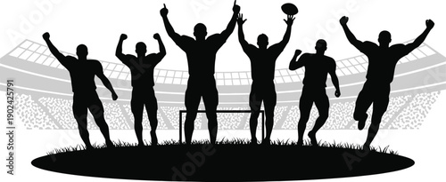 Victorious soccer players celebrating in stadium with arms raised in triumph