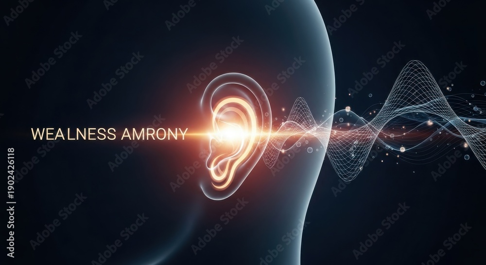 Fototapeta premium Glowing Human Ear Profile Conceptual Visualization with Sound Waves and Text