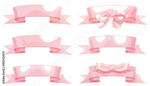 Zestaw różowych wstążek i kokardek na białym tle, idealny do projektowania graficznego.