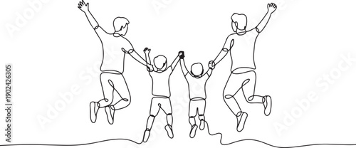 Single continuous line drawing back view, happy family jumps while lifting and holding hands. Exercise with the beloved family. Health. International Family Day. one line Icon drawing