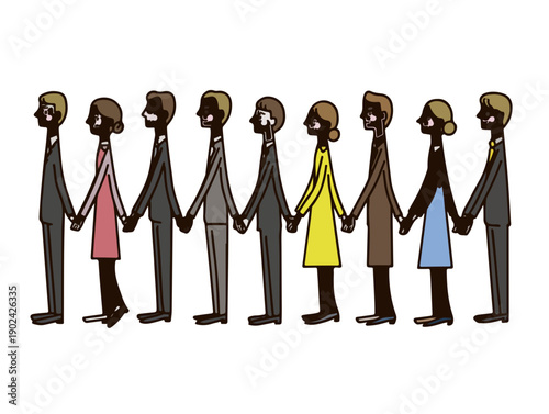 Różnorodni ludzie w garniturach i sukienkach trzymają się za ręce, symbolizując jedność i współpracę.