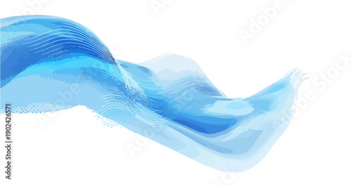Abstrakcyjny, płynny, falujący kształt w odcieniach niebieskiego z przezroczystymi elementami na białym tle.