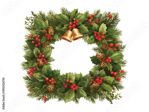 Wianek bożonarodzeniowy z ostrokrzewem, szyszkami i złotymi dzwoneczkami, przezroczyste tło