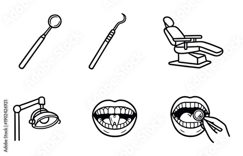 Dental care tools and procedures: equipment, examination, and treatment imagery