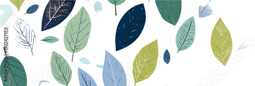 Ilustracja liści w różnych odcieniach zieleni i niebieskiego na białym tle, idealna do projektów graficznych.