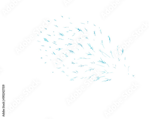 Rozpryskująca się woda z błękitnymi kroplami na białym tle, abstrakcyjny efekt.