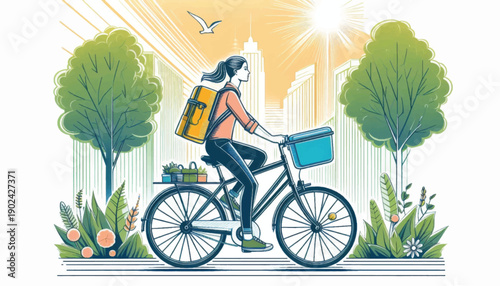 Woman Riding Bicycle with Delivery Backpack.