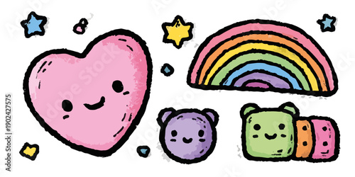 Urocze, rysowane elementy graficzne: serce, tęcza, niedźwiedzie i gwiazdki, na przezroczystym tle.