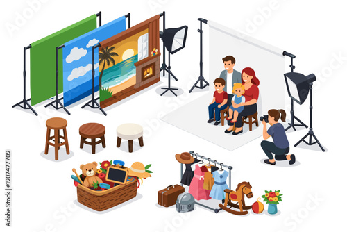 Family photo session setup with various props and backdrops for professional studio photography