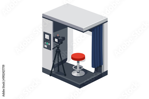 Isometric photo booth interior with camera, tripod, and stool for portraits
