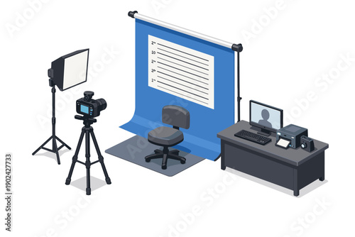 Isometric illustration of a police lineup photography setup with camera, lights, and desk