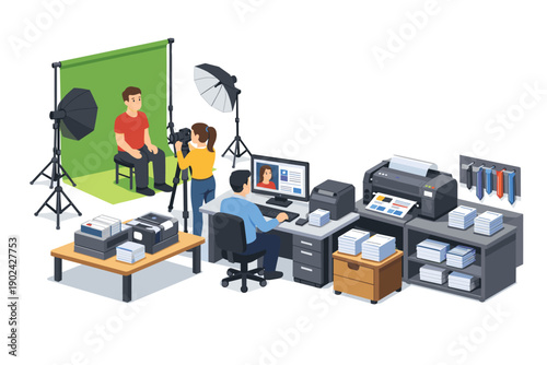 Professional photo studio setup with green screen, lighting, camera, and printing equipment