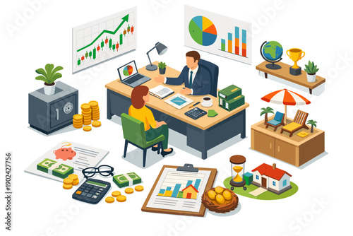 Financial advisor meeting with client discussing investment and retirement planning