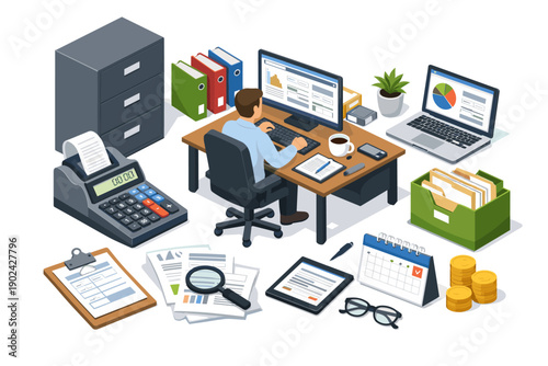 Accountant working at desk with computer, calculator, and financial documents
