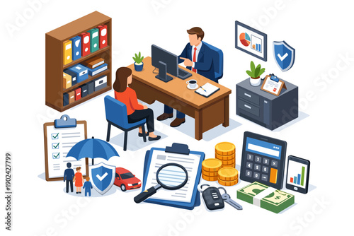 Financial advisor meeting with client discussing insurance and investment options