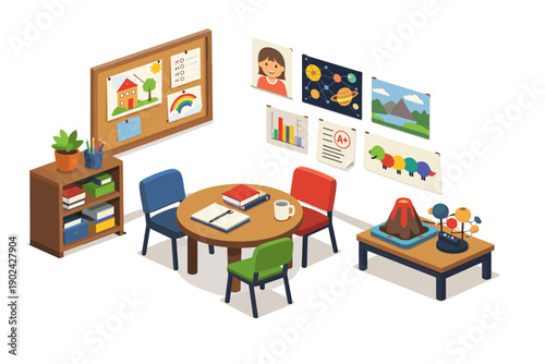 Cozy classroom setup with learning materials and student artwork displayed on the wall