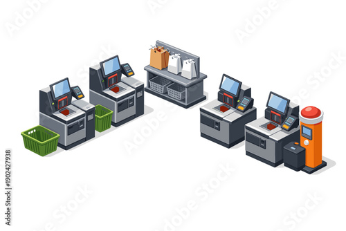 Isometric self-checkout machines and shopping baskets in a retail store setting