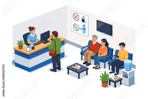 People waiting in a reception area at a counter with a receptionist and a water cooler