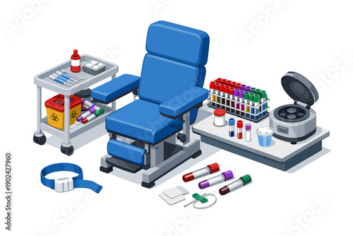 Medical laboratory equipment for blood collection and analysis, isometric illustration
