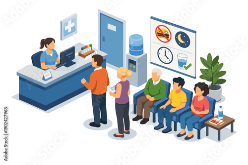 People waiting in a clinic reception area for medical appointments and consultations