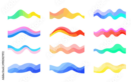 Zbiór kolorowych, abstrakcyjnych fal i linii na przezroczystym tle, idealny do projektów graficznych.
