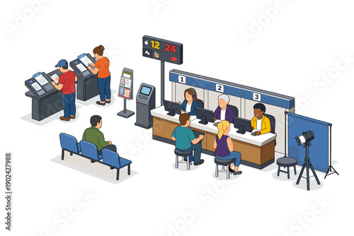 People waiting in line at a service counter with digital kiosks and a photo booth setup