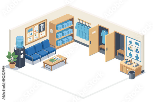 Isometric medical staff changing room with lockers, waiting area, and water cooler