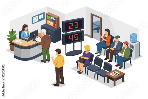 People waiting in line at a service counter with digital queue display