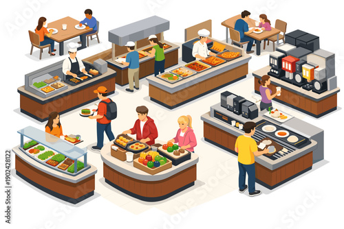 Isometric illustration of a busy cafeteria with people serving themselves food from various stations