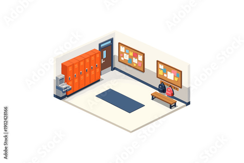Isometric school locker room with orange lockers, bulletin boards, and backpacks
